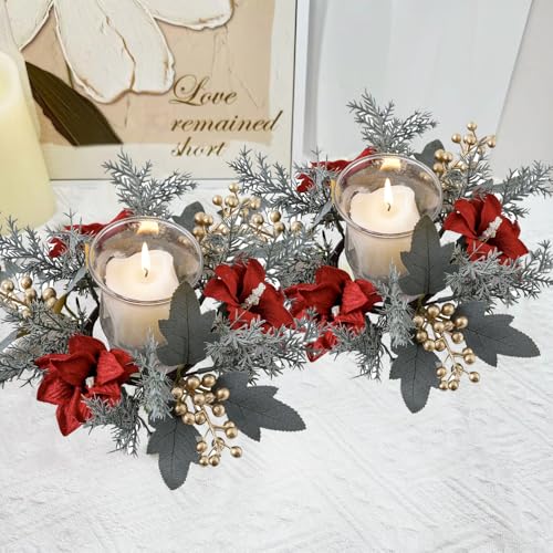 Christmas Candle Ring Kitchen Cabinet Wreath Xmas Table Centerpieces 9.8" Mini Rings Wreaths Candle Holder for Pillars Rustic Home Decor