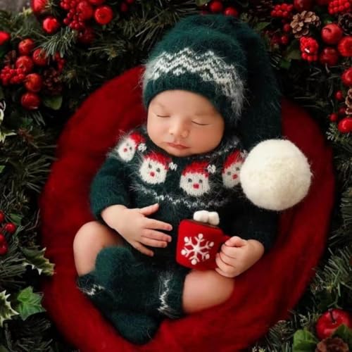 Christmas Newborn Baby Photo Shoot Props Outfits Crochet Clothes Santa Claus Red Hat Pants Photography Props - color: Green