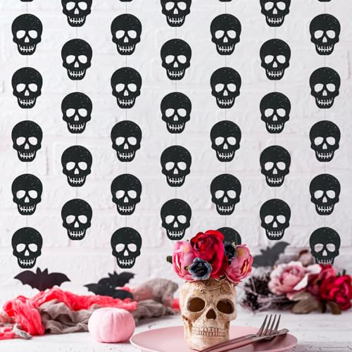 Xinnun Skull Party Decorations Black Skeleton Hanging Banners Garland Gothic Theme Banner Cutouts Ribbon Streamers for Halloween Spooky Funny Funeral Birthday Party Decor Supplies(Skull) - style: Skull