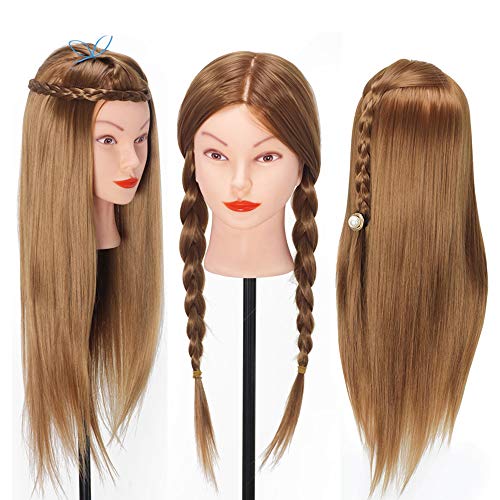 Mannequin Head with Hair, Beauty Star Doll Head for Styling, 20 Inch Long Gold Syntheic Hair Cosmetology Manikin Training Head Model, Hairdressing Practice Head with Clamp Stand and Braiding Kit - color: Gold