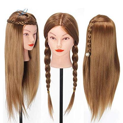 Mannequin Head with Hair, Beauty Star Doll Head for Styling, 20 Inch Long Gold Syntheic Hair Cosmetology Manikin Training Head Model, Hairdressing Practice Head with Clamp Stand and Braiding Kit - color: Gold