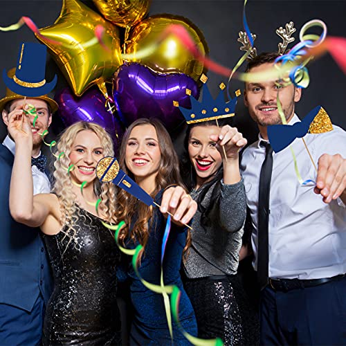 Zonon 24 Pcs Funny Photo Booth Props Class of 2026 Graduation Birthday Wedding Family Class Reunion Prom Disco Party Celebration Decoration Supplies Mix of Hats, Lipstick, Tie(Gold and Navy Blue) - color: Gold and Navy Blue