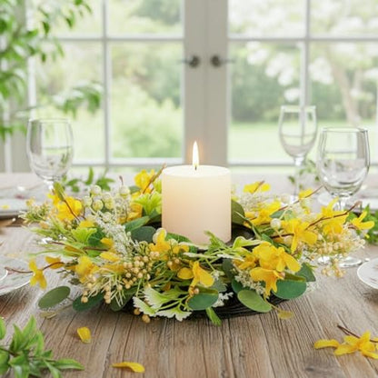 MOYEE Candle Holder Centerpieces for Tables,Candle Ring,Wreaths, Black Metal Candle Stick Paired Artificial Flowers 14 in Versatile Dining Table Centrepiece - color: Yellow Cross Wreath