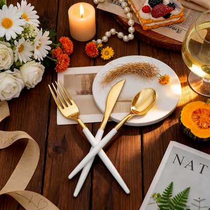SUT Gold Plastic Silverware, 160Pcs Gold Utensils Set Disposable, 80 Gold Plastic Forks, 40 Gold Knives, 40 Gold Spoons, Gold Plastic Cutlery for Parties, Dinners, Weddings(White Gold) - style: White Gold