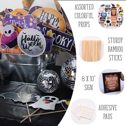 Halloween Photo Booth Props - 41-pc Kit With 8 x 10-Inch Sign, 60 Adhesive Pads, and 45 Sticks - Photobooth Decorations and Selfie Props