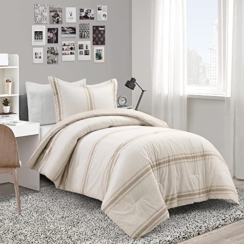 Lush Decor Farmhouse Stripe Reversible Cotton Comforter Set, 2-Piece, Twin XL Neutral - Twin Bedding Set - Dorm Decor - Striped Comforter for Farmhouse Bedroom Decor - color: Neutral, size: Twin-xl
