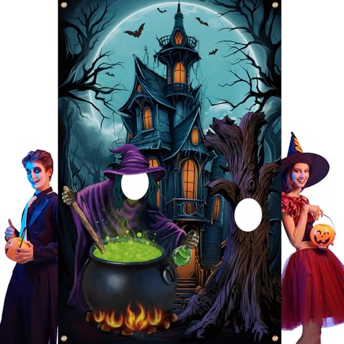 Lunmon 6 x 4 ft Halloween Photography Backdrop Horror Night Background Large Photo Door Banner Scary Witch Backdrops for Halloween Party Photo Props with Head Cutout Party Decoration Supplies - color: Halloween Party