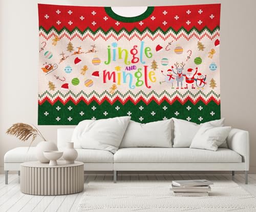 5x4ft Jingle and Mingle Backdrop Christmas Trees Santa Claus Xmas Balls Gingerbread Man Red Green Sweater Theme Background Xmas Eve New Year Party Decor Portrait Photo Booth Studio Props - size: 5x4FT