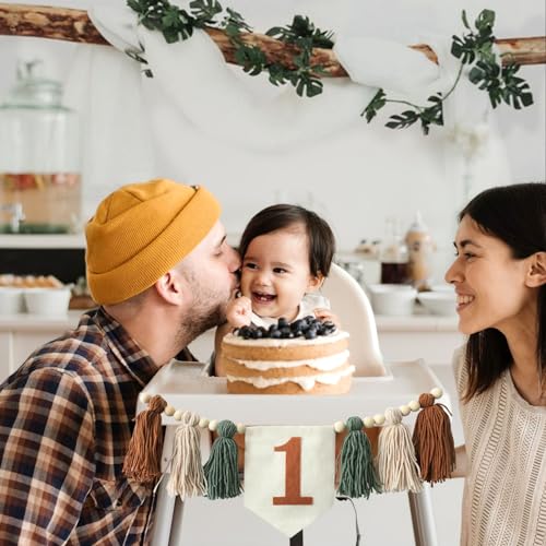 Jungle Wild One Handmade 1st Birthday High Chair Banner for Baby Boys Green Brown Wall Hangings Wood Bead Tassel Garland First Birthday Party Decorations Photo Props - color: brown and green
