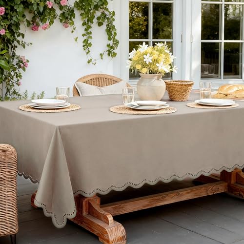 Outdoor Rectangle Tablecloth Linen Textured Waterproof & Stain Resistant Table Cloth Boho Decorative Scalloped Cutouts Farmhouse Table Cover for Dining, Buffet Parties and Camping, 55 x 84 Inch, Khaki - color: Khaki, size: 84" x 55" (Rectangular)