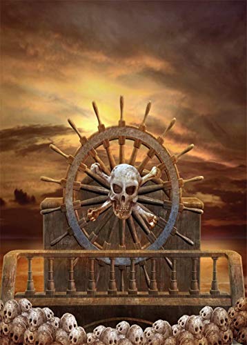 BELECO 5x7ft Fabric Pirate Ship Halloween Backdrop Pirate Decorations for Adult Party Pirate Steering Wheel with Skulls Corsair Boat Photography Backdrop for Pirate Theme Birthday Photoshoot Props - size: 5x7FT