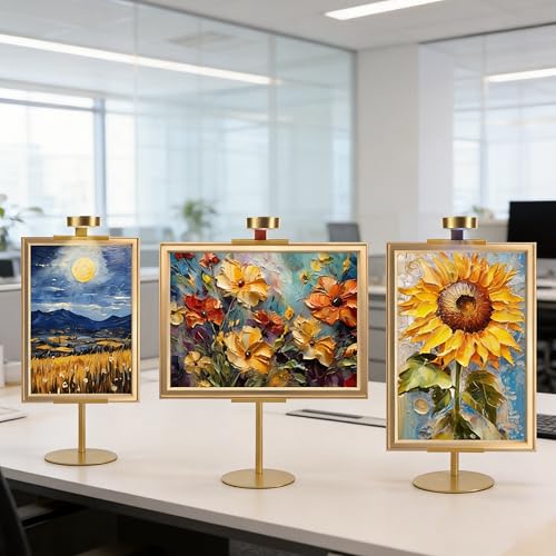 Adjustable Desktop Photo Frame Stand with Magnetic Wall Painting Light, Holds Picture Frames up to 18 Inch,with Rechargeable Battery,Metal Vertical Stand with 3 Color Temperature & 13RGB Poster Lights, for Displaying Picture Frames, Artworks (1 Pack, Gold