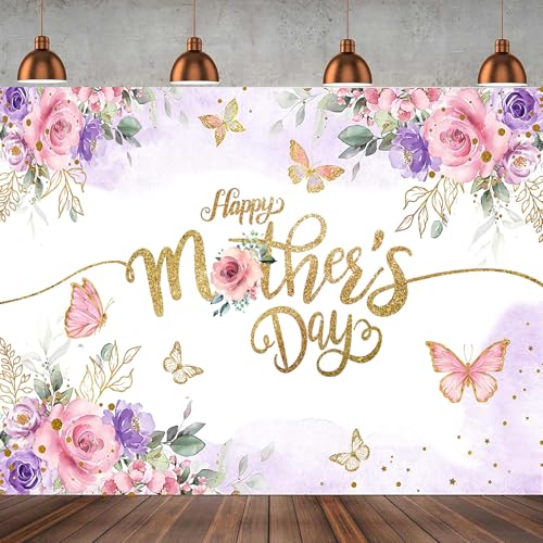 8x6ft Happy Mother's Day Backdrop Floral Golden Dots Mothers Day Birthday Photography Background for Women Thanks Mother's Day Photo Booth Props 068 - size: 8x6ft