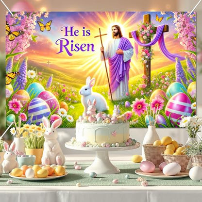 BlissYard Happy Easter Banner 71x43 Inch He is Risen Easter Backdrop Spring Christian Cross Lily Jesus Photography Background Religious Party Decorations Photo Banner Booth Studio Props - color: He is Risen Banner#1