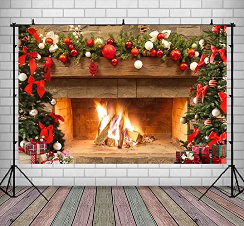 Lofaris Christmas Fireplace Backdrop Winter Xmas Tree Colorful Festive Decorations Brick Backgrounds Interior Vintage Merry Christmas Eve Party Banner Decorations 9x6ft - size: 9x6ft