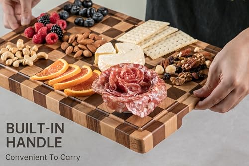 THETCHRY Cutting Boards for Kitchen, Checkered Cutting Board End Grain, Acacia Wooden Chopping Board with Juice Groove & Handle, Serving Tray for Meat, Bread & Fruit, 14"L x 11"W x 0.8"Th - size: 14"L x 11"W