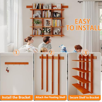 Bookshelf 4 Tier Wall Mounted Book Shelf, Space-Saving Floating Bamboo Bookcase Heavy Duty 600lbs, Storage Display Shelf for Living Room Bedroom Office, 43" W x 52" H