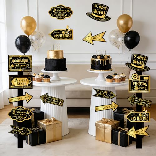 20PCS Roaring 20s Party Decorations Signs Black Gold 1920s Party Photo Booth Props Retro Jazz Party Yard Outdoor Wall Road Directional Sign for Roaring 20s Decors Speakeasy Party Supplies Favors - style: Roaring 20s