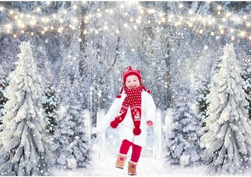 10x8ft Polyester Fabric Winter White Snowy Forest Backdrop Photography Glitter Wonderland Nature Xmas Trees Pine Forest Holiday Party Decor Kids Family Photo Studio Prop (LI- 805-3-JF) - size: 10'x8'