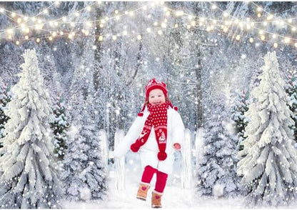 10x8ft Polyester Fabric Winter White Snowy Forest Backdrop Photography Glitter Wonderland Nature Xmas Trees Pine Forest Holiday Party Decor Kids Family Photo Studio Prop (LI- 805-3-JF) - size: 10'x8'