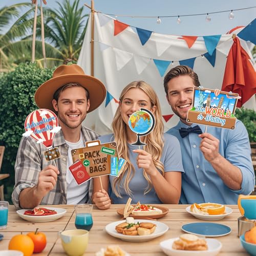 Travel Photo Booth Props,14 Pcs Let The Adventure Begin Travel Theme with Airplane Cameras Compass - Bon Voyage for Journey Birthday Baby Shower Party Decorations