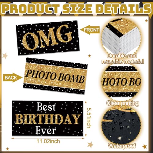 Beeveer 24 Designs Birthday Photo Booth Props Double Sided 11x5.5 Inch Happy Birthday Photo Booth Props 40th 50th 60th Funny Holiday Graduation Wedding Party Favors Supplies DIY Waterproof Selfie Sign - color: Black Gold, style: Birthday