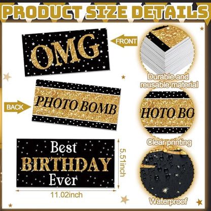 Beeveer 24 Designs Birthday Photo Booth Props Double Sided 11x5.5 Inch Happy Birthday Photo Booth Props 40th 50th 60th Funny Holiday Graduation Wedding Party Favors Supplies DIY Waterproof Selfie Sign - color: Black Gold, style: Birthday