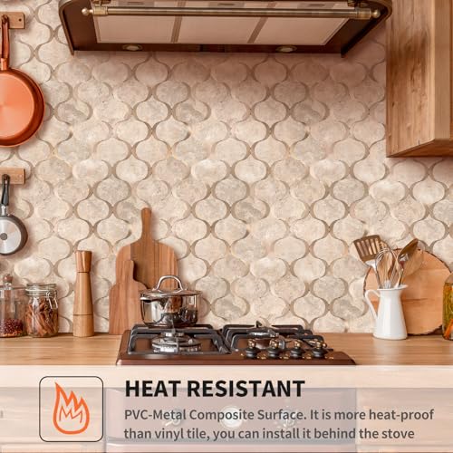 10 Sheet Arabesque Peel and Stick Backsplash Tile, Stick on Backsplash for Kitchen and Bathroom Wall, Beige Stone Look PVC Mixed Metal Aluminum - color: Beige Stone Mixed Metal Rose Gold
