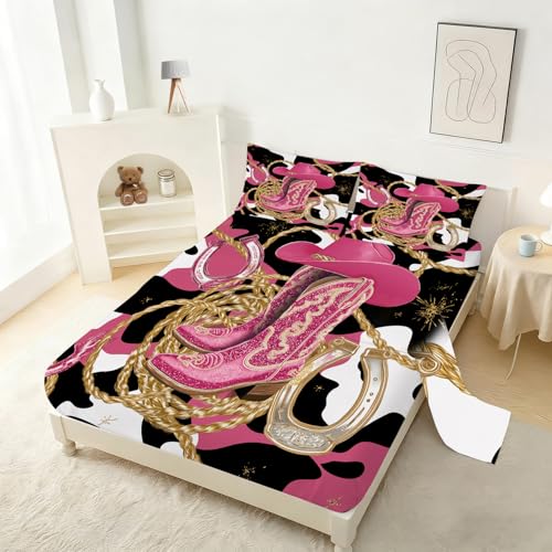 Glitter Cowboy Boots Horseshoe Sheet Set Full Size Pink Cowgirl Fitted Sheet Set Bed Sheets for Kids Teens Adults Western Style Bedspread 1 Fitted Sheet + 1 Flat Sheet + 2 Pillowcases - color: Cowgirl 01, size: Full