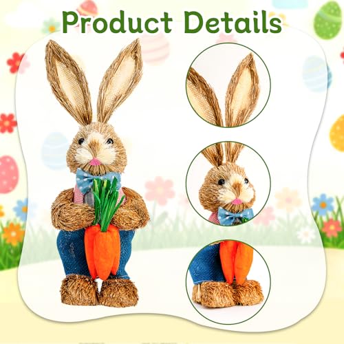 Easter Bunny Decor 13.38 in Standing Sisal Rabbit Figurine Handmade Easter Straw Mr. Bunny Statues Spring Straw Bunny Cute Photo Props Gifts for Farmhouse Spring Home Porch Decor Easter Table Decor