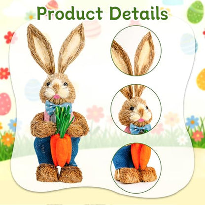 Easter Bunny Decor 13.38 in Standing Sisal Rabbit Figurine Handmade Easter Straw Mr. Bunny Statues Spring Straw Bunny Cute Photo Props Gifts for Farmhouse Spring Home Porch Decor Easter Table Decor