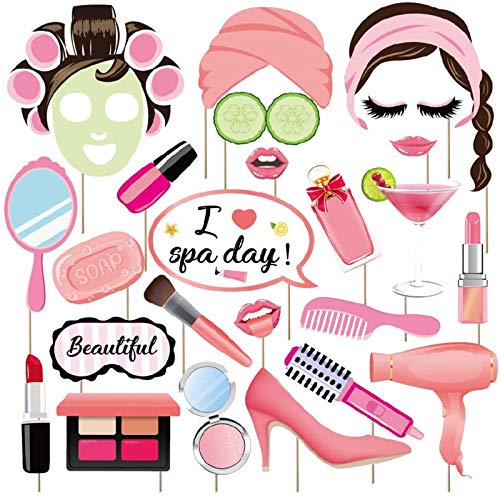 25Pcs Spa Photo Booth Props with Stick, Makeup/Spa Party Decorations for Women, Girls, Birthday Party Decorations, Makeup Selfie Props