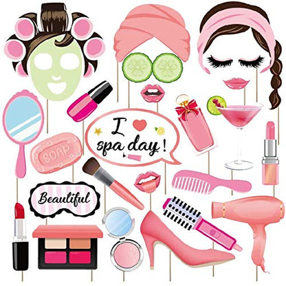 25Pcs Spa Photo Booth Props with Stick, Makeup/Spa Party Decorations for Women, Girls, Birthday Party Decorations, Makeup Selfie Props