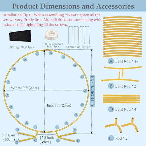 8FT Round Arch Backdrop Stand for Parties, Gold Circle Balloon Arch Frame Stand Heavy Duty Wedding Arches with base for Ceremony Birthday Baby Shower Gender Reveal Party Decoration - size: 8FT