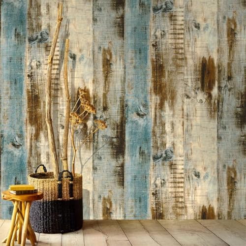 Grey Wood Wallpaper 17.3"×472" Peel and Stick Wallpaper Self Adhesive Distressed Wood Wallpaper Reclaimed Faux Home Decoration Film Shelf Vinyl - color: Brown/Blue, size: 17.3" x 472"