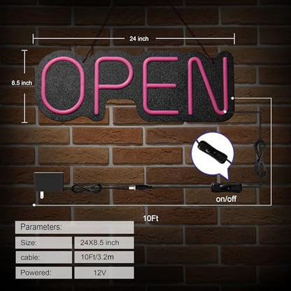 24 inch Neon Open Signs for Business, Open Sign with Textured Backboard LED Anti-Scratch Easy Dedust Neon Light for Business(Pink) - color: Pink