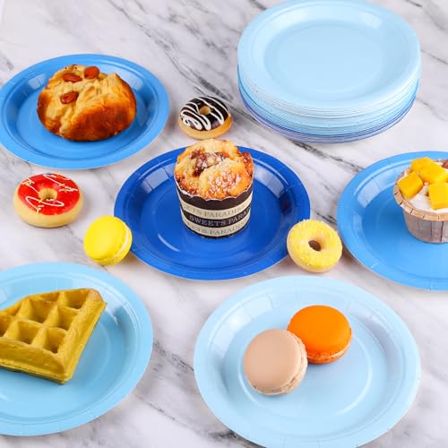 Breroa 72 Pieces Gradient Blue Paper Plates 7 Inch Bulk Paper Plates Disposable Round Dessert Plates Heavy Duty Solid Color Paper Plates Table Decors for Birthday Party, Dinner Table, Wedding - color: Gradient Blue