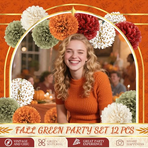 NICROLANDEE Fall Party Decorations, 12 PCS Pumpkin Orange Burgundy Sage Green Ivory Tissue Pom Poms Thanksgiving Decor for Home, Wedding, Birthday, Autumn Harvest Party Supplies - style: Fall