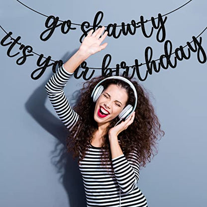 Go Shawty It's Your Birthday Banner, Hip Hop Birthday Party Decorations Supplies, Rap Theme Bday Bunting Sign, Pre-strung, Photo Props (Black) - color: Black
