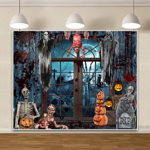 Halloween Backdrop for Photography 10x8ft Scary Haunted House Halloween Photo Backdrop Horror Cemetery Bloody Zombie Skulls Photography Background Party Decor Kids Adult Portrait Photo Booth Props