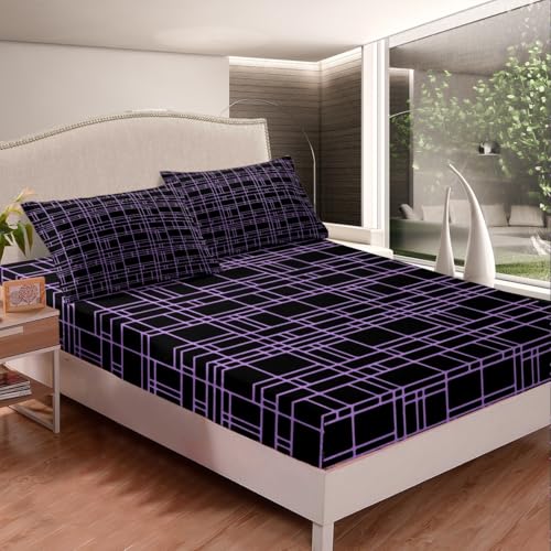 jejeloiu Black Purple Geometric Fitted Sheet Full Size Kids Stereoscopic Square Bed Sheets Set for Boys Girls Teens Bedding Set Breathable Modern Minimalism Art Bedroom Decor - color: Black Purple, size: Full