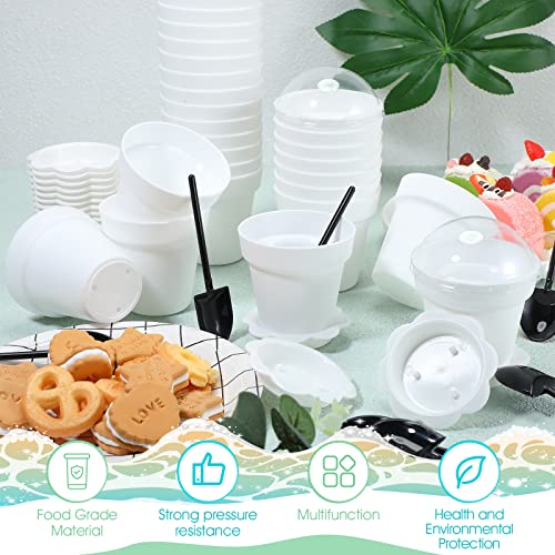 Honeydak 25 Pack Flowerpot Dessert Cup Plastic Cake Cups with Lid Shovel Spoon Mini Flower Pot Dessert Cups Ice Cream Yogurt Cupcake Holder Containers for Birthday Party Supplies DIY Baking(White) - color: White