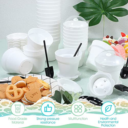 Honeydak 25 Pack Flowerpot Dessert Cup Plastic Cake Cups with Lid Shovel Spoon Mini Flower Pot Dessert Cups Ice Cream Yogurt Cupcake Holder Containers for Birthday Party Supplies DIY Baking(White) - color: White