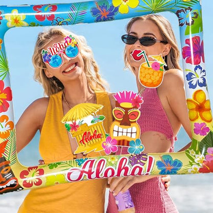 Hawaiian Party Photo Booth Props Kit, 30 PCS Luau Photo Booth Props with Large Inflatable Selfie Picture Frame for Hawaiian Tropical Tiki Summer Pool Party Supplies - size: Hawaiian Inflatable Frame 2