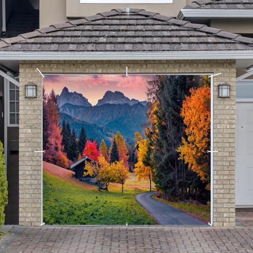 Fall Garage Door Cover Banner Decorations Backdrop 10x8ft Thanksgiving Autumn Country Forest Maple Leaves Nature Landscape Garage Door Banner Party Photoshoot Studio Prop Photography Background - size: 8x10ft