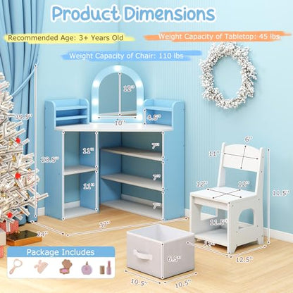 Costzon Kids Vanity with Lights, Corner Vanity Desk with Mirror, Storage Shelves, Wooden Princess Toddler Makeup Dressing Table, Kids Vanity Table and Chair Set for Little Girls (Blue) - style: Blue with Corner Design