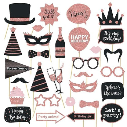 Party Birthday Photo Booth Props, 30Pcs Set of Happy Birthday Selfie Party Supplies with Real Glitter Cute Bday Designs for Women or Girls,Easy to Assemble(Rose Gold) - style: Party Birthday Props