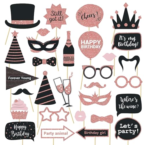 Party Birthday Photo Booth Props, 30Pcs Set of Happy Birthday Selfie Party Supplies with Real Glitter Cute Bday Designs for Women or Girls,Easy to Assemble(Rose Gold) - style: Party Birthday Props