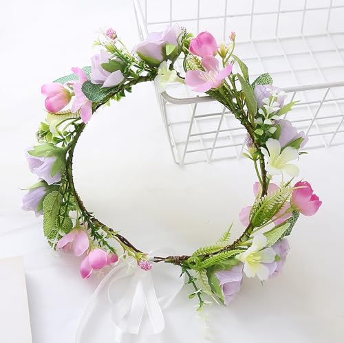 Bridal Flower Crown Adjustable Flower Headband Floral Halo Floral Crown Wedding Party Cosplay Halloween Costume - color: purple