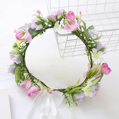 Bridal Flower Crown Adjustable Flower Headband Floral Halo Floral Crown Wedding Party Cosplay Halloween Costume - color: purple